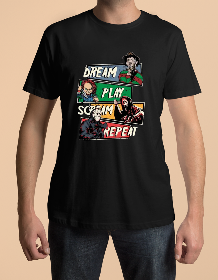 Dream Play Scream Repeat Halloween Theme Print Adult Unisex Regular Fit T-shirt