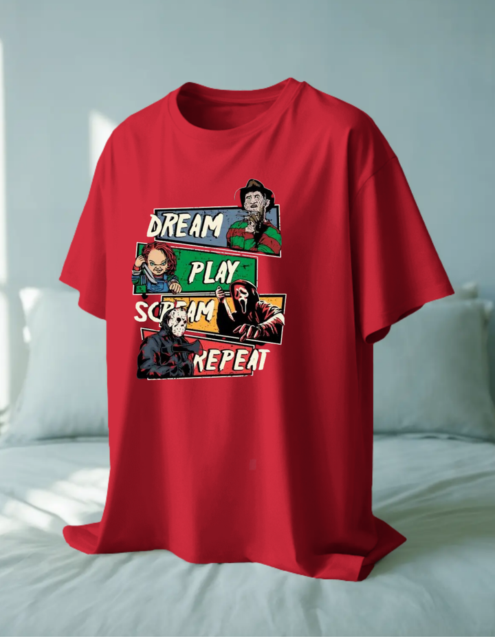 Dream Play Scream Repeat Halloween Theme Print Adult Unisex Regular Fit T-shirt