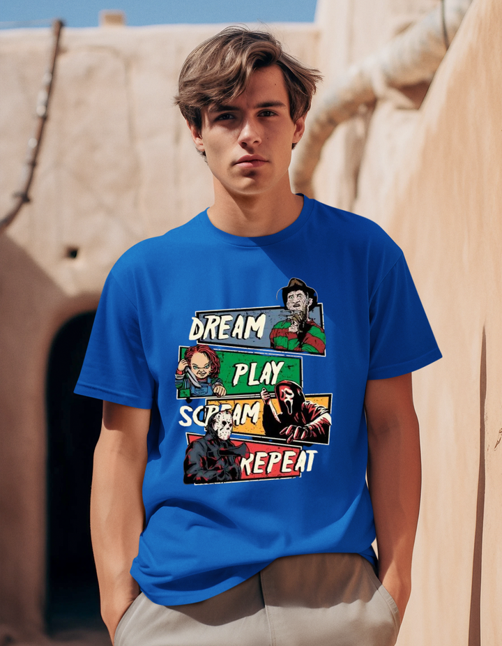 Dream Play Scream Repeat Halloween Theme Print Adult Unisex Regular Fit T-shirt